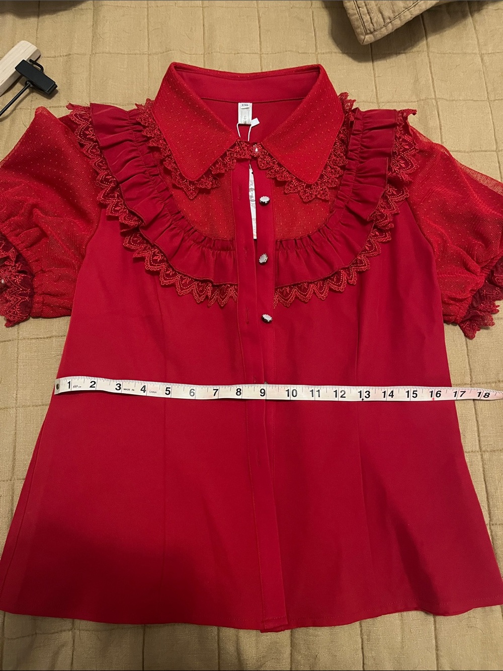 Red Ruffled Puff Sleeve Button-Up Top - Picture 4 of 6
